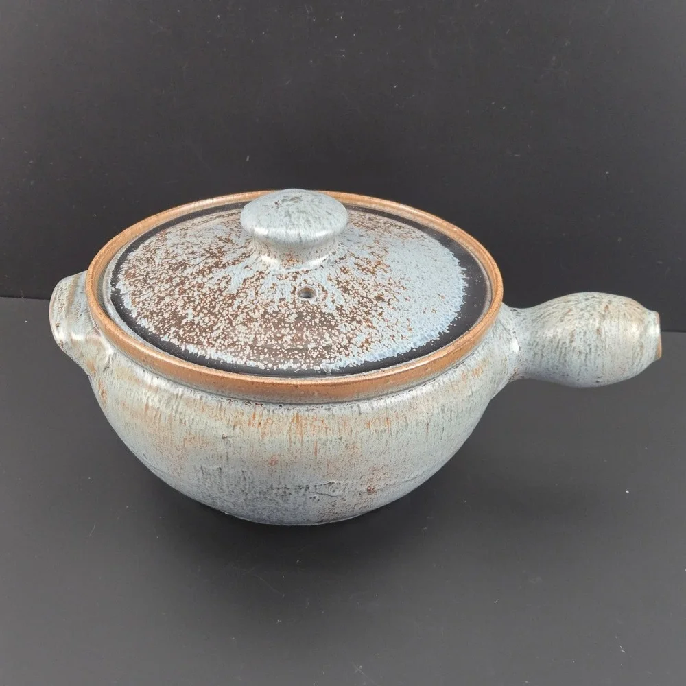 AR Cole Pottery Sanford NC Blue Brown Speckled Glazed Stoneware Bean‎ Pot w/Lid